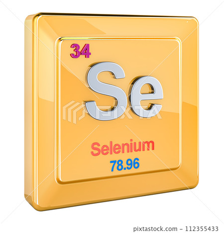 Selenium Se, chemical element sign with number 34 in periodic table. 3D rendering 112355433