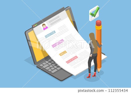 3D Isometric Flat Vector Illustration of Writing a CV For Vacancy Application 112355434
