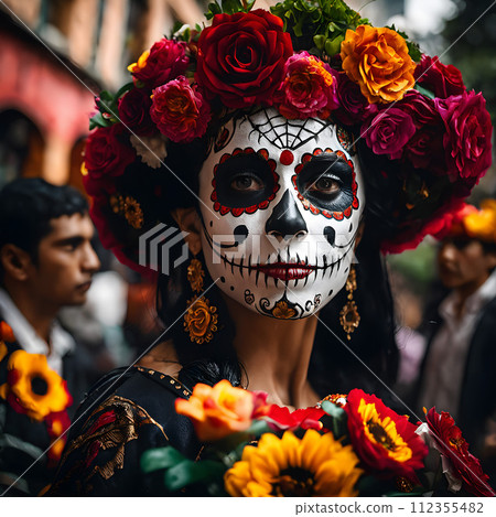 AI-generated content. A person with their face painted in the style of La Catrina, Day of the Dead. 112355482