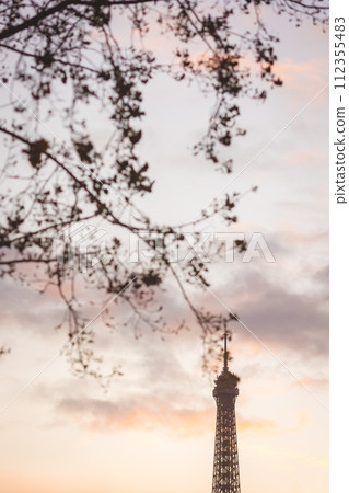 Paris at dusk, tip of the Eiffel Tower 112355483