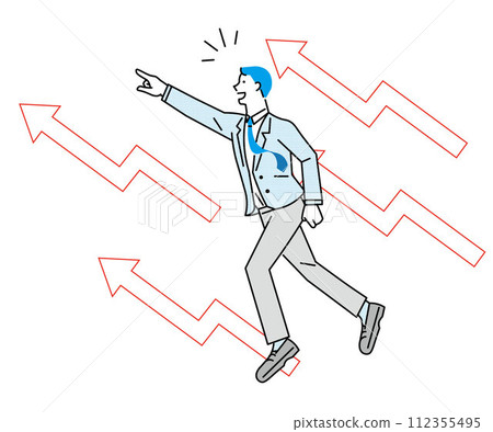 Profile man - Arrow pointing upwards - Success - Pointing - Running man - Businessman - White background illustration vector material 112355495