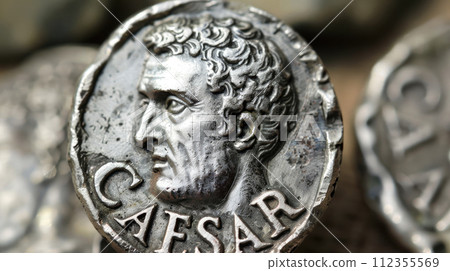 Ancient Roman coin with portrait of Julius Caesar, fiction artefact for vintage background, face of ruler on old silver money. Concept of Rome, Empire, antique, art and history 112355569