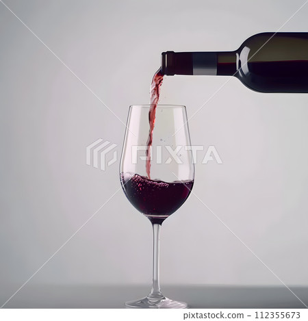 AI-generated content. A bottle of wine is being poured into a wine glass, transferring the alcoholic beverage from the bottle to the stemware drinkware on the table 112355673