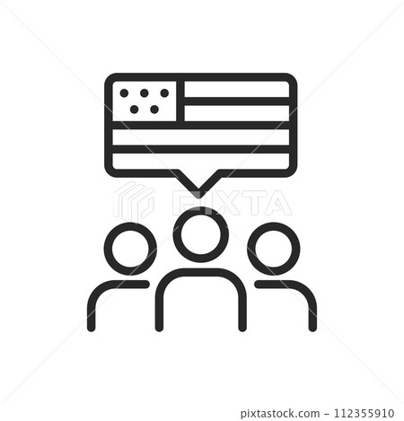 Voting Discussion Icon with Speech Bubble. Outline Vector Sign for Political Engagement and Community Dialogue in USA, Patriotism and Support for Values Voting Discussion Icon with Speech Bubble. Outline Vector Sign for Political Engagement and Community Dialogue in USA, Patriotism and Support for Values 112355910