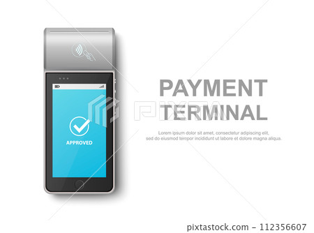 Vector 3d Realistic Gray NFC Payment Machine with Approved Status. Design Template for Bank Payment Contactless Terminal. Mockup of a Payment POS Terminal. Top View 112356607