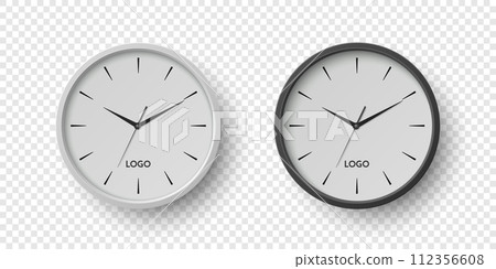 Vector 3d Realistic Round Wall Office Clock Set. White and Black Dial Closeup Isolated. Design Template, Mock-up for Branding, Advertise. Simple Minimalistic Wall Clocks in Front View Vector 3d Realistic Round Wall Office Clock Set. White and Black Dial Closeup Isolated. Design Template, Mock-up for Branding, Advertise. Simple Minimalistic Wall Clocks in Front View 112356608