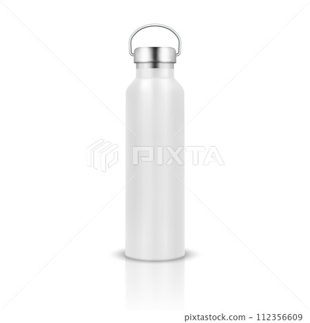 Vector Realistic 3d White Color Metal or Plastic Blank Glossy Reusable Water Bottle with Silver Bung Closeup Isolated on White Background. Design Template of Packaging Mockup. Front View 112356609
