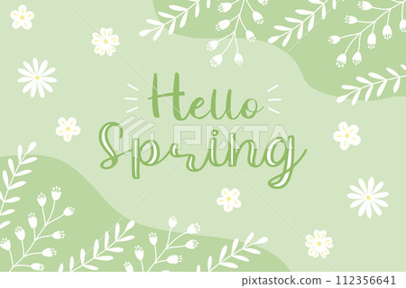 Hello Spring background or greeting card with branches, flowers and leaves, green and white colors, vector 112356641
