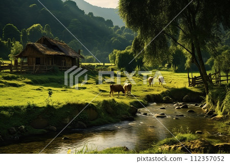 Rural Pastoral Scene with Grazing Cattle by River. Generative AI 112357052