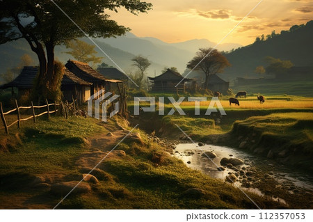 Sunset Glow on a Peaceful Rural Village Landscape. Generative AI 112357053