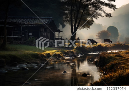 Sunset Glow on a Peaceful Rural Village Landscape. Generative AI 112357054