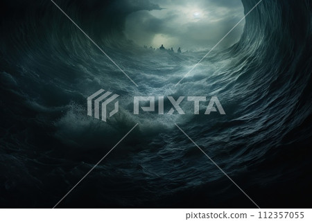 Monstrous Ocean Wave Engulfing Under Stormy Sky. Generative AI 112357055