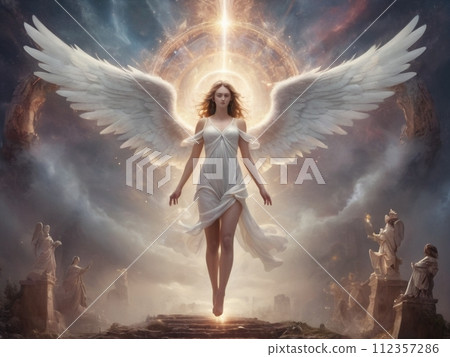 Angel Fable Fantasy Beautiful woman in a white dress with angel wings spread wide 112357286