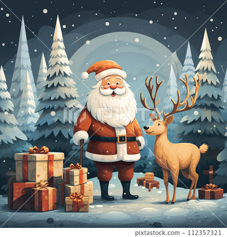 Santa Claus with reindeer and gifts in the forest at night illustration. Generative AI 112357321