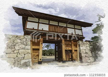水彩風格松代 松代城遺址太閣門 長野縣長野市 112358033