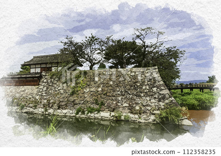 Watercolor painting style, Matsushiro, Matsushiro Castle ruins, Honmaru stone wall and East Unknown Gate, Nagano City, Nagano Prefecture 112358235