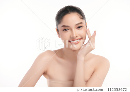 Beautiful Young transgender woman with clean fresh skin on white background, Face care, Facial treatment, Cosmetology, beauty and spa, transgender women portrait. 112358672