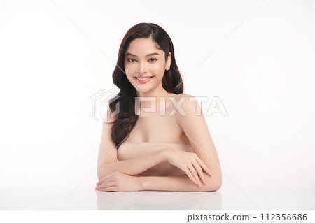 Beautiful Young transgender woman with clean fresh skin on white background, Face care, Facial treatment, Cosmetology, beauty and spa, transgender women portrait. 112358686