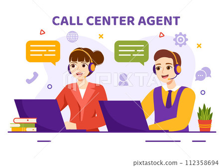 Call Center Agent Vector Illustration of Customer Service or Hotline Operator with Headsets and Computers in Flat Cartoon Background 112358694