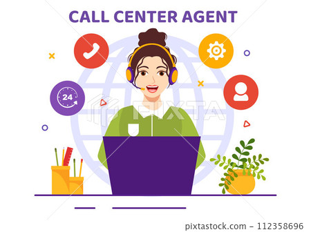 Call Center Agent Vector Illustration of Customer Service or Hotline Operator with Headsets and Computers in Flat Cartoon Background Call Center Agent Vector Illustration of Customer Service or Hotline Operator with Headsets and Computers in Flat Cartoon Background 112358696