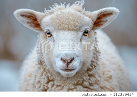 AI-generated content. A sheep with a white face and brown ears is staring at the camera. Generative AI 112359434