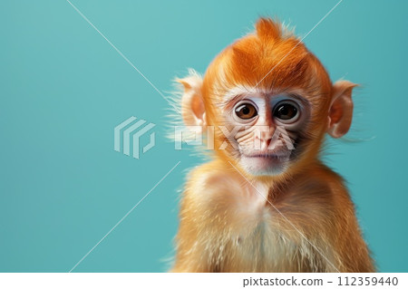 AI-generated content. A baby monkey with a red head and brown fur. Generative AI AI-generated content. A baby monkey with a red head and brown fur. Generative AI 112359440