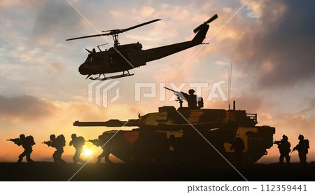 Military operation with helicopter and tank support Military operation with helicopter and tank support 112359441