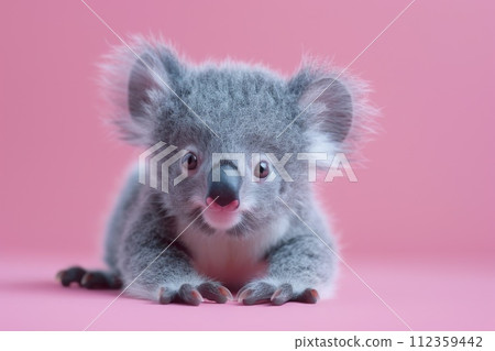 AI-generated content. A baby koala is laying on a pink background. Generative AI AI-generated content. A baby koala is laying on a pink background. Generative AI 112359442