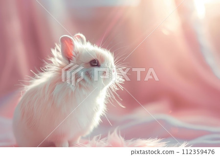 AI-generated content. A white rabbit with long fur is sitting on a pink surface. Generative AI 112359476