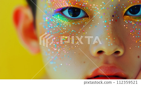 Close-up, Portrait of fashionable child model with fantasy makeup for cosmetics advertising, Generative AI 112359521