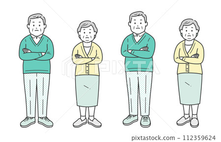 Fat elderly men and women thinking with their arms folded Fat elderly men and women thinking with their arms folded 112359624