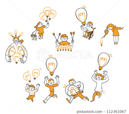 我們是充滿活力、充滿想法的人 孩子們擺滿了想法燈泡插畫素材 112361067