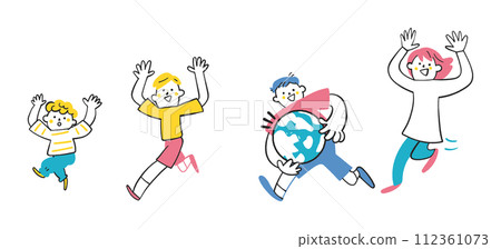 我們是精力充沛、蹦蹦跳跳舉手奔跑的孩子套裝插畫素材 112361073