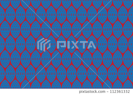 Illustration, pattern of blue rugby shape on red background. 112361332