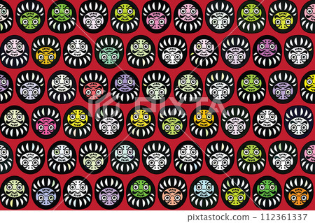 Illustration, pattern japan dall of daruma with lucky color on red background. 112361337