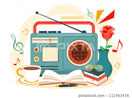 Retro Radio Vector Illustration with Player Style for Record, Old Receiver, Interviews Celebrity and Listening to Music in Flat Cartoon Background 112361438