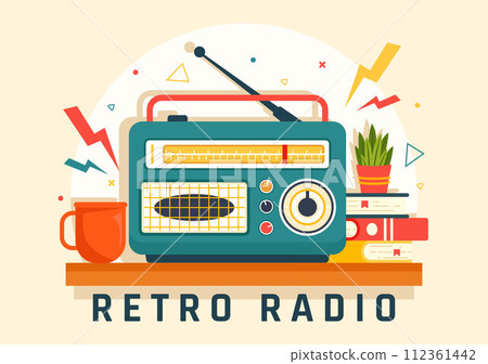 Retro Radio Vector Illustration with Player Style for Record, Old Receiver, Interviews Celebrity and Listening to Music in Flat Cartoon Background Retro Radio Vector Illustration with Player Style for Record, Old Receiver, Interviews Celebrity and Listening to Music in Flat Cartoon Background 112361442