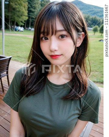 一位長髮女子在山中露營的“人工智慧生成圖像” 112361667