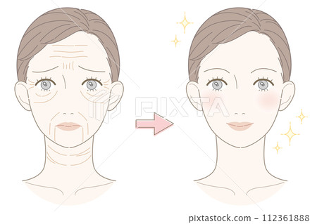 Wrinkled woman before and after illustration 112361888