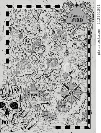 Vintage fantasy map with unknown land, ships, skull, compass and creatures on textured background. Pirate adventures, treasure hunt and old transportation concept. Hand drawn vector illustration. 112361891