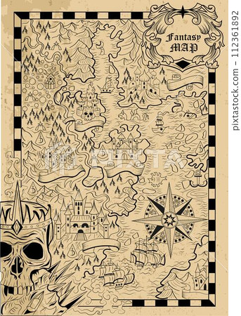 Old fantasy map with unknown land, ships, skull, compass and creatures on textured background. Pirate adventures, treasure hunt and old transportation concept. Hand drawn vector illustration. 112361892