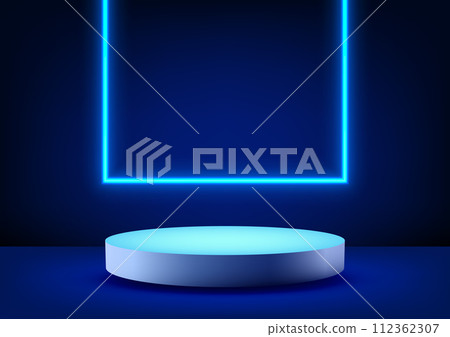 3D realistic white cylinder podium against a dark studio room backdrop, illuminated by a glowing neon square. Technology concept 3D realistic white cylinder podium against a dark studio room backdrop, illuminated by a glowing neon square. Technology concept 112362307