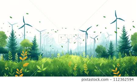 A green field bathed in sunlight, with a windmill harnessing the wind's power 112362594