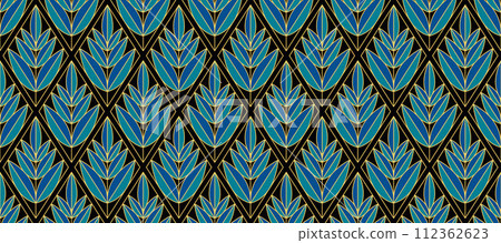 Retro art deco blue, green, gold seamless pattern. Repeated golden floral leaves motif. Vintage decorative texture for wallpaper, textile, fabric, print swatch. Vector elegant linear ornament backdrop 112362623