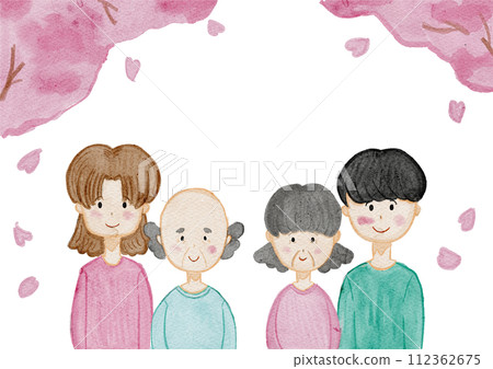 水彩畫櫻花背景的一家人框架插畫素材 水彩畫櫻花背景的一家人框架插畫素材 112362675