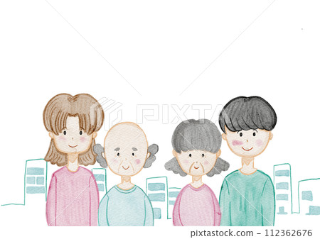 Frame illustration material of a family in a cityscape painted in watercolor 112362676