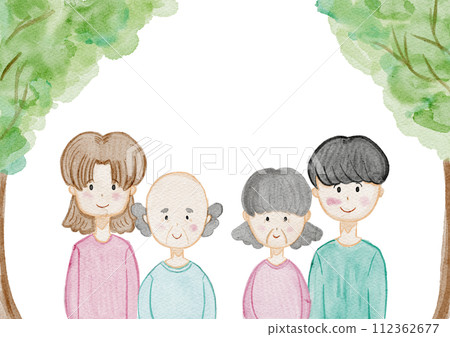 水彩畫清新綠色家庭的框架插畫素材 112362677