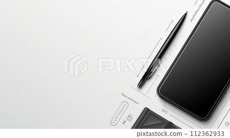 A black mobile phone with an open screen sits on a computer monitor, showcasing a business concept 112362933