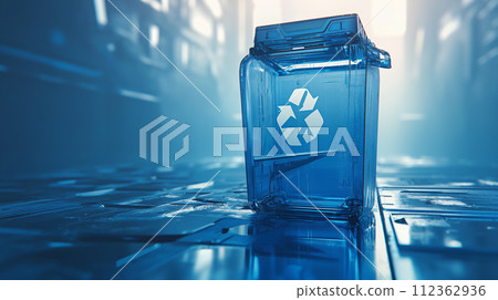 3D rendering of a blue recycle bin on a reflective surface. 112362936