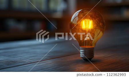 A glowing light bulb, symbolizing ideas and innovation, rests on a rustic wooden background 112362993